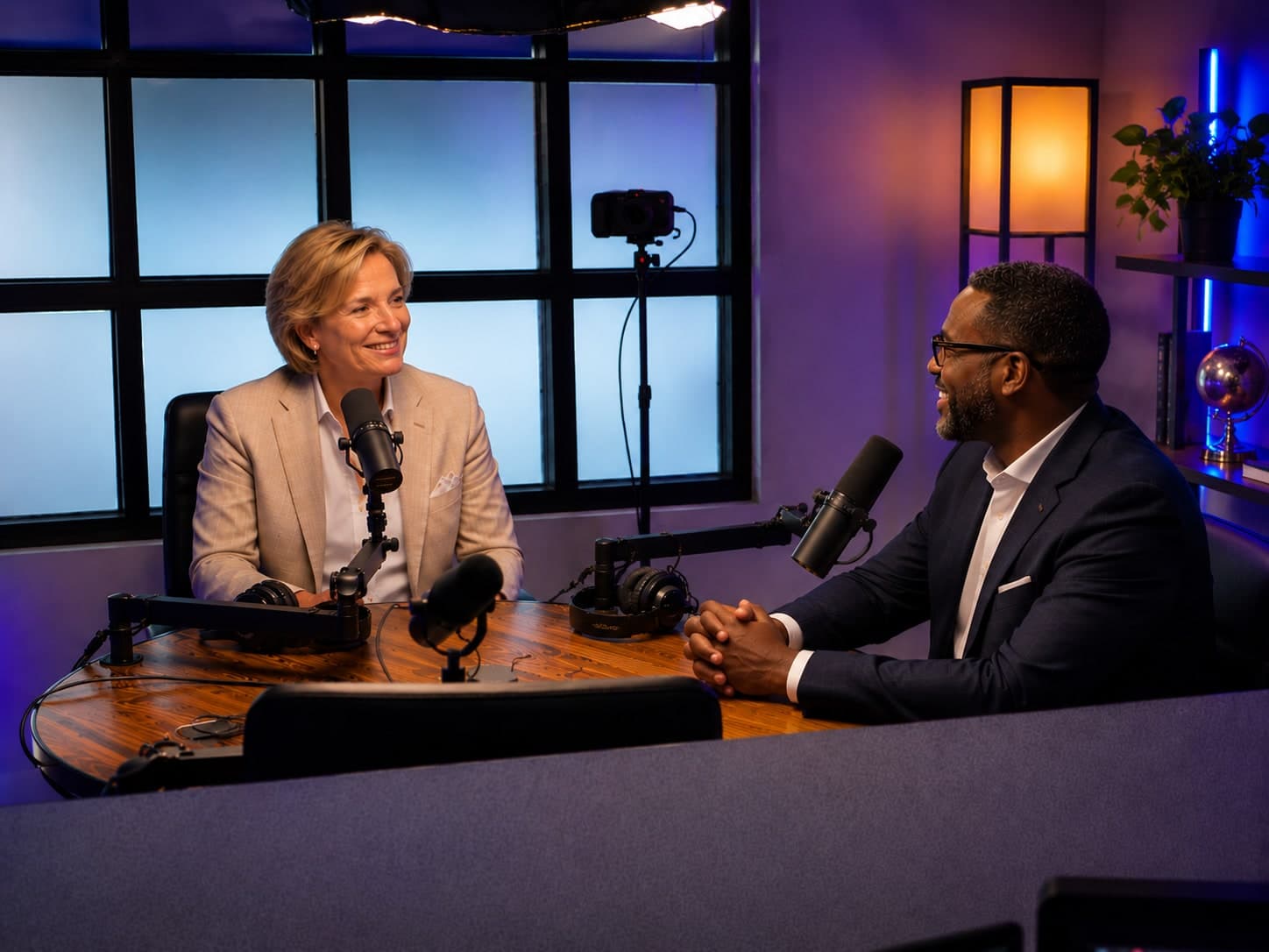 Two hosts in conversation at the FormCast Studio table